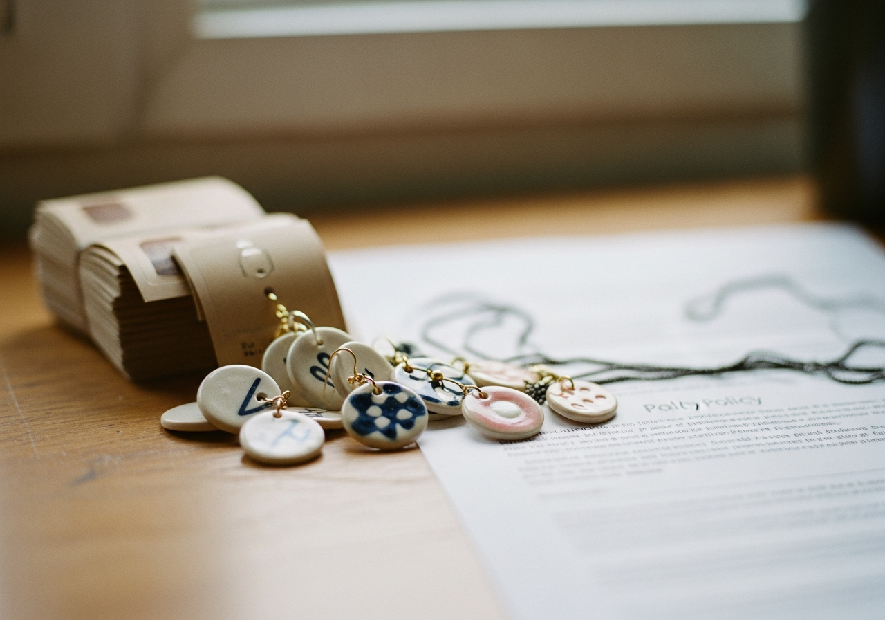 Handmade jewelry and policy document on a workbench.