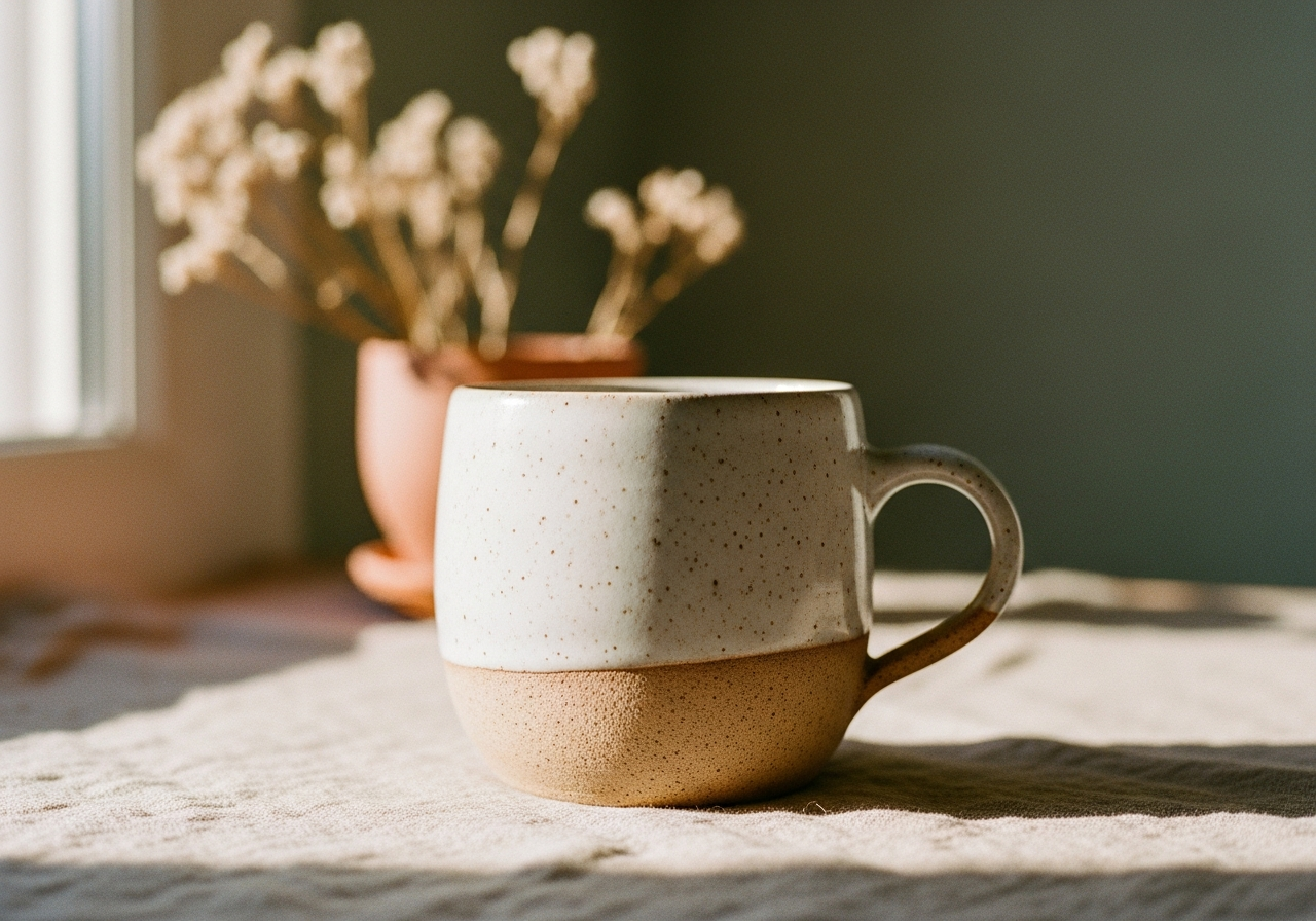 Handmade ceramic mug on linen, natural light, blurred background.