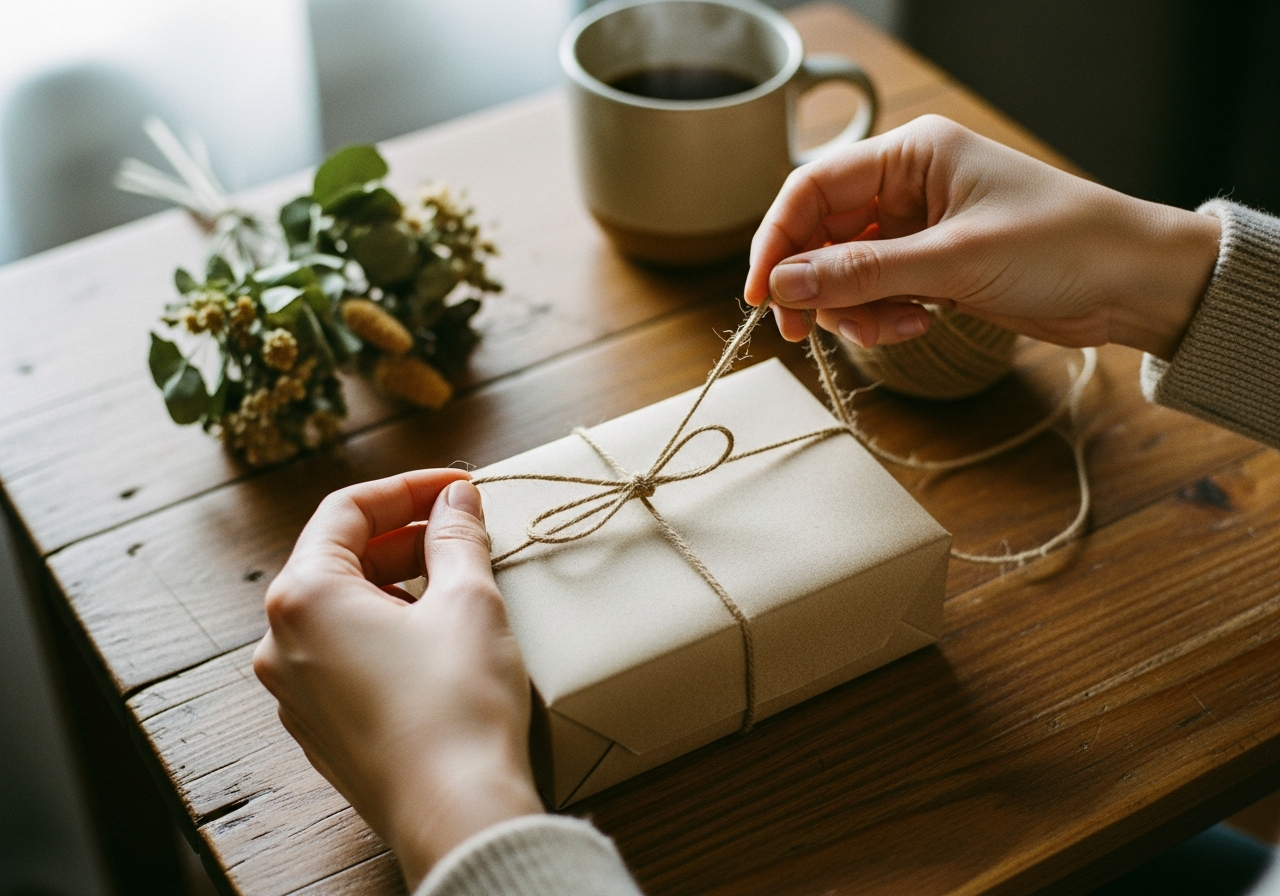 Hands tying twine on a kraft package at a wooden table.