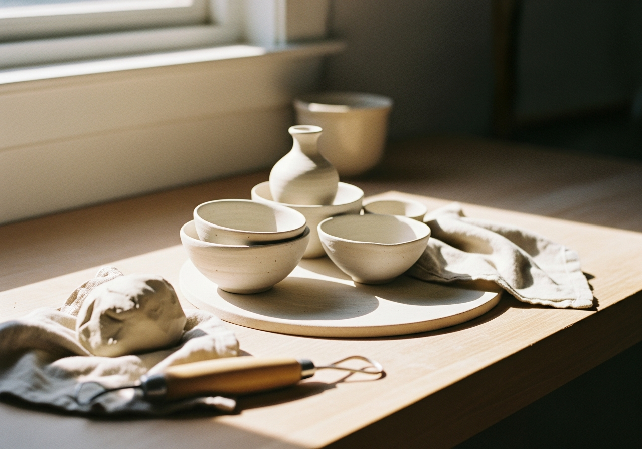 Imperfect handmade ceramic bowls on a wooden workbench.