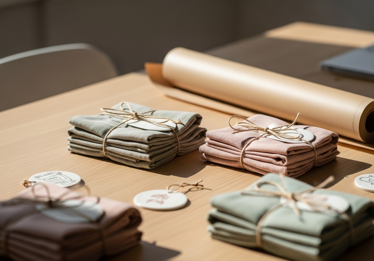 Folded linen items and ceramic tags on a sunlit packing table.