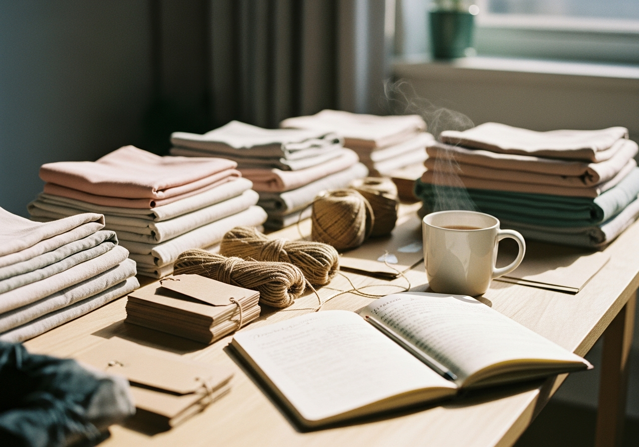 Sunlit home studio packing table with linen, twine, labels, mug, and notebook.