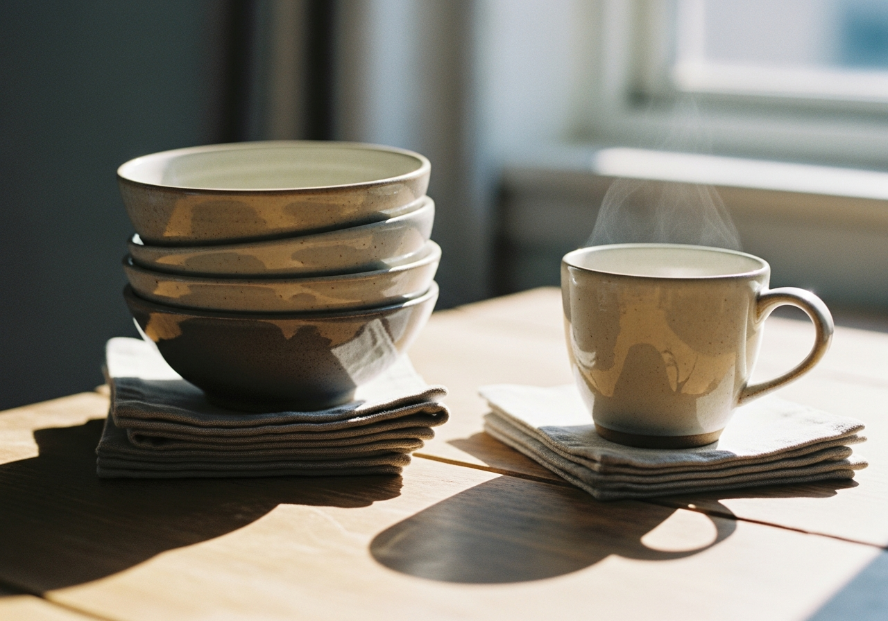 Stacked handmade ceramic bowls and linen coasters next to a steaming mug.