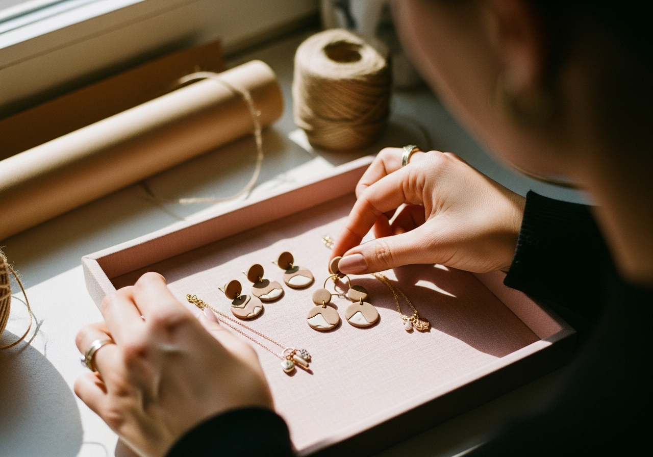 Hands arranging handmade clay earrings and necklaces on a linen tray.