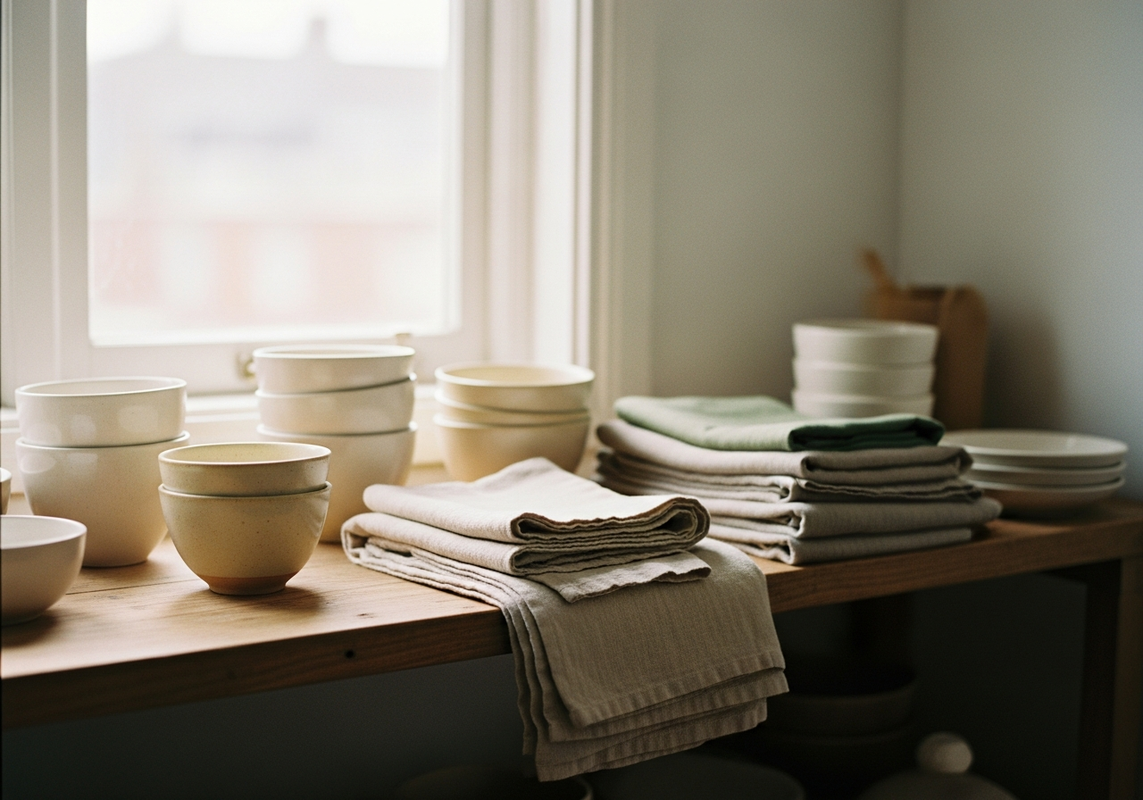 Handmade ceramic bowls and folded linen textiles on a rustic wooden shelf.
