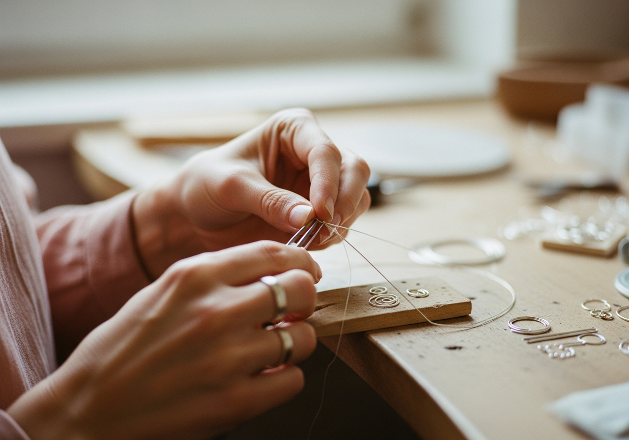 Maker's hands crafting silver jewelry with tools on a wooden workbench.
