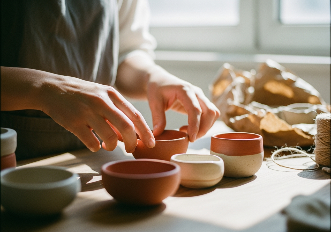 Hands sort small handmade ceramics on a wooden table.