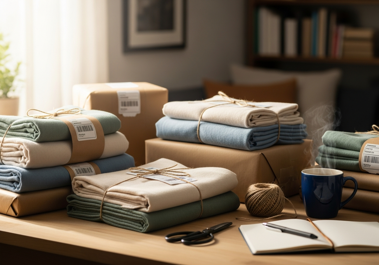 Stacked, wrapped handmade goods on a packing table with kraft paper.