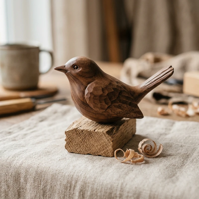 Hand-Carved Walnut Songbird